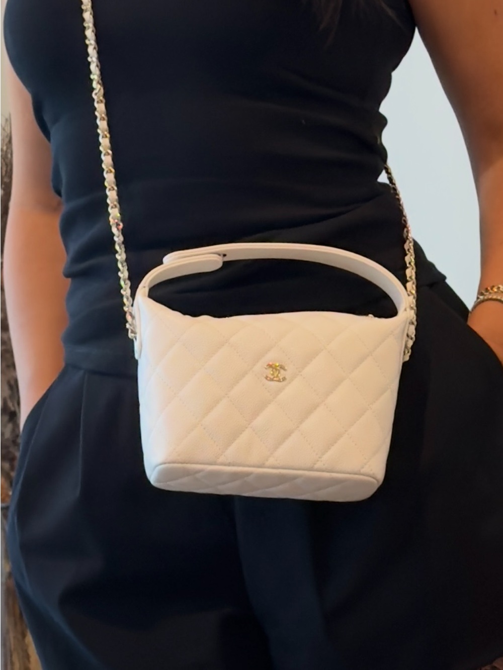 CHANEL Cream Quilted Mini Crossbody Bucket Bag with Chain